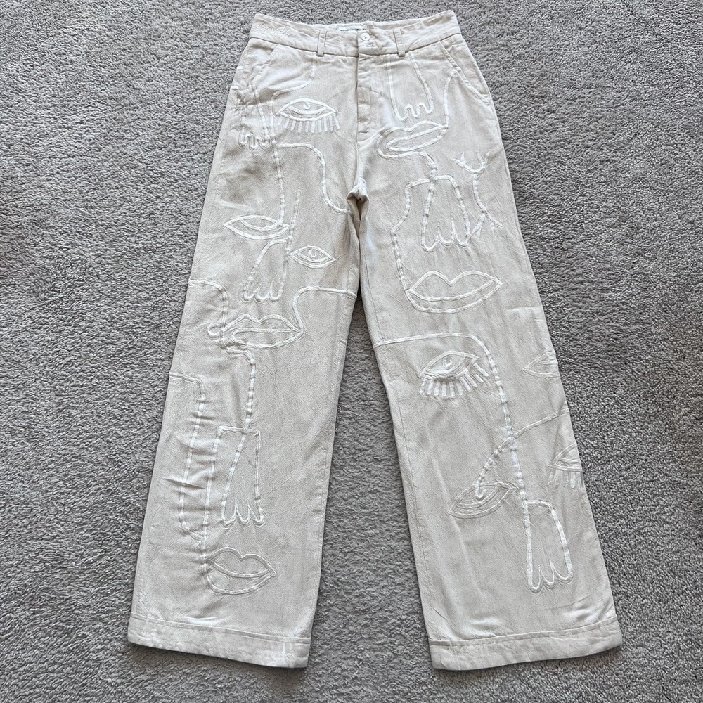 Maison Les Enerves Siam Pants Womens M Beige Embroidered Linen Wide Leg